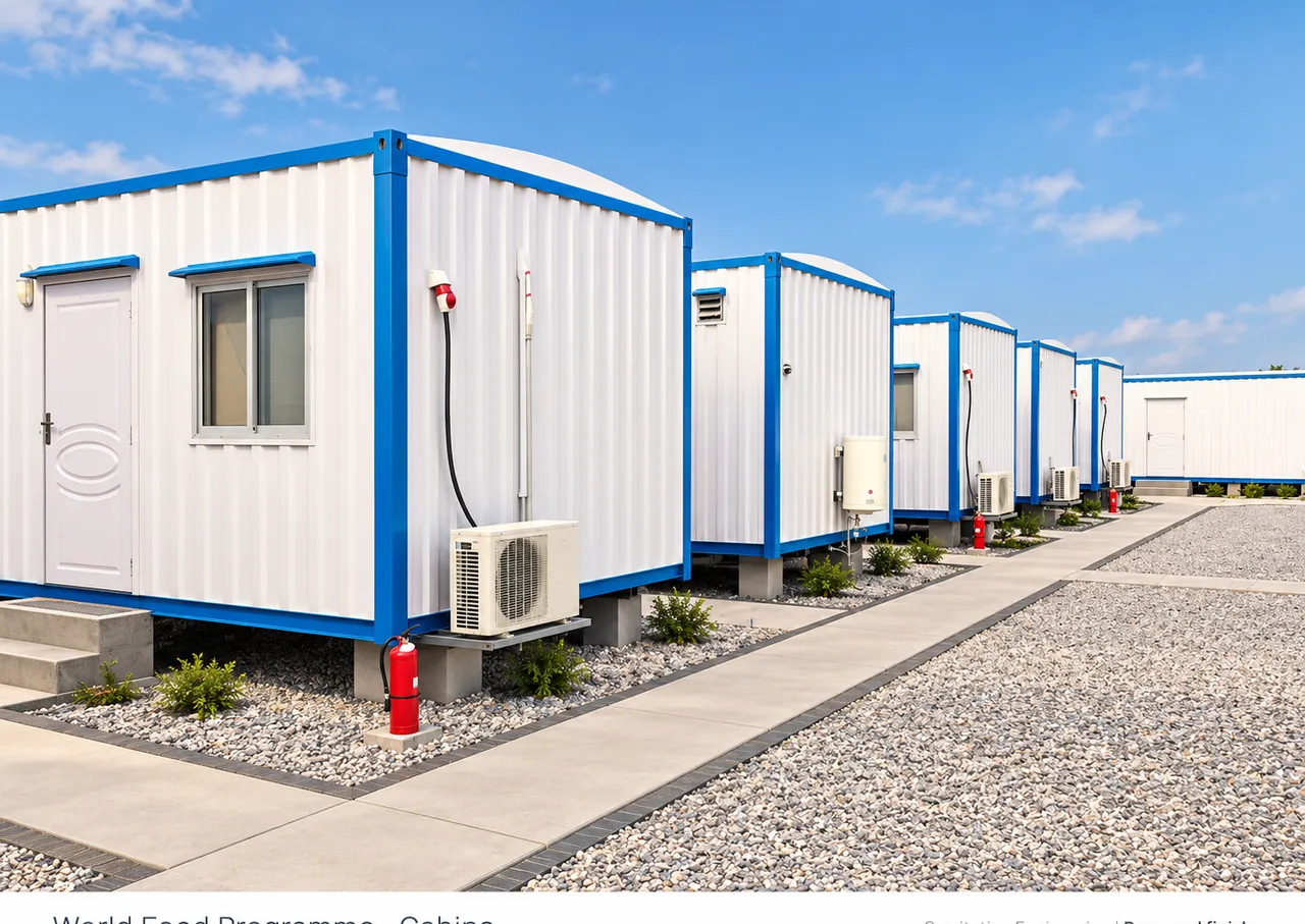Illustrative modern portable cabin row, not a site photograph